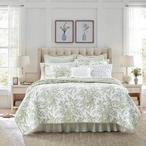 Laura Ashley ~ Twin Bedford Quilt & Sham 2 Pc. Set ~ Green Floral ~ Reversible